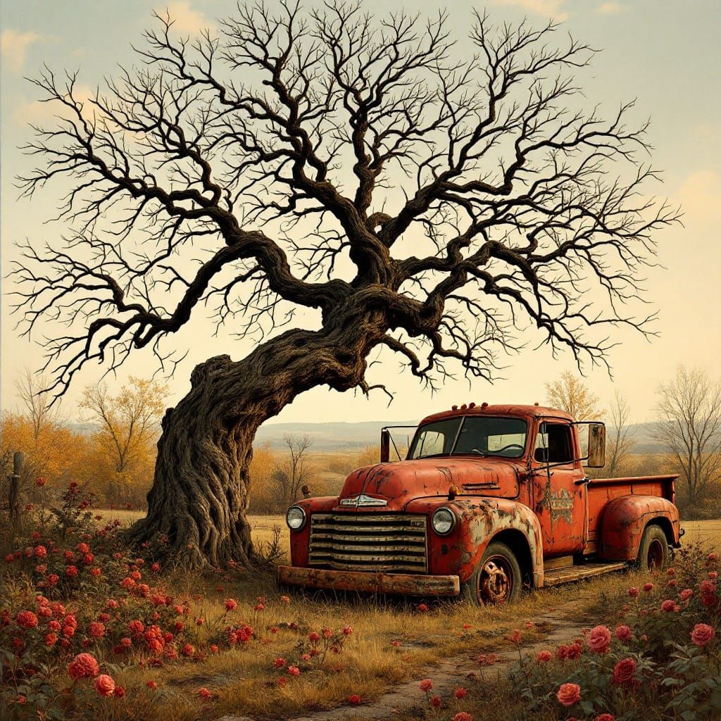 Rustic Oak Tree and Truck in Autumn Light