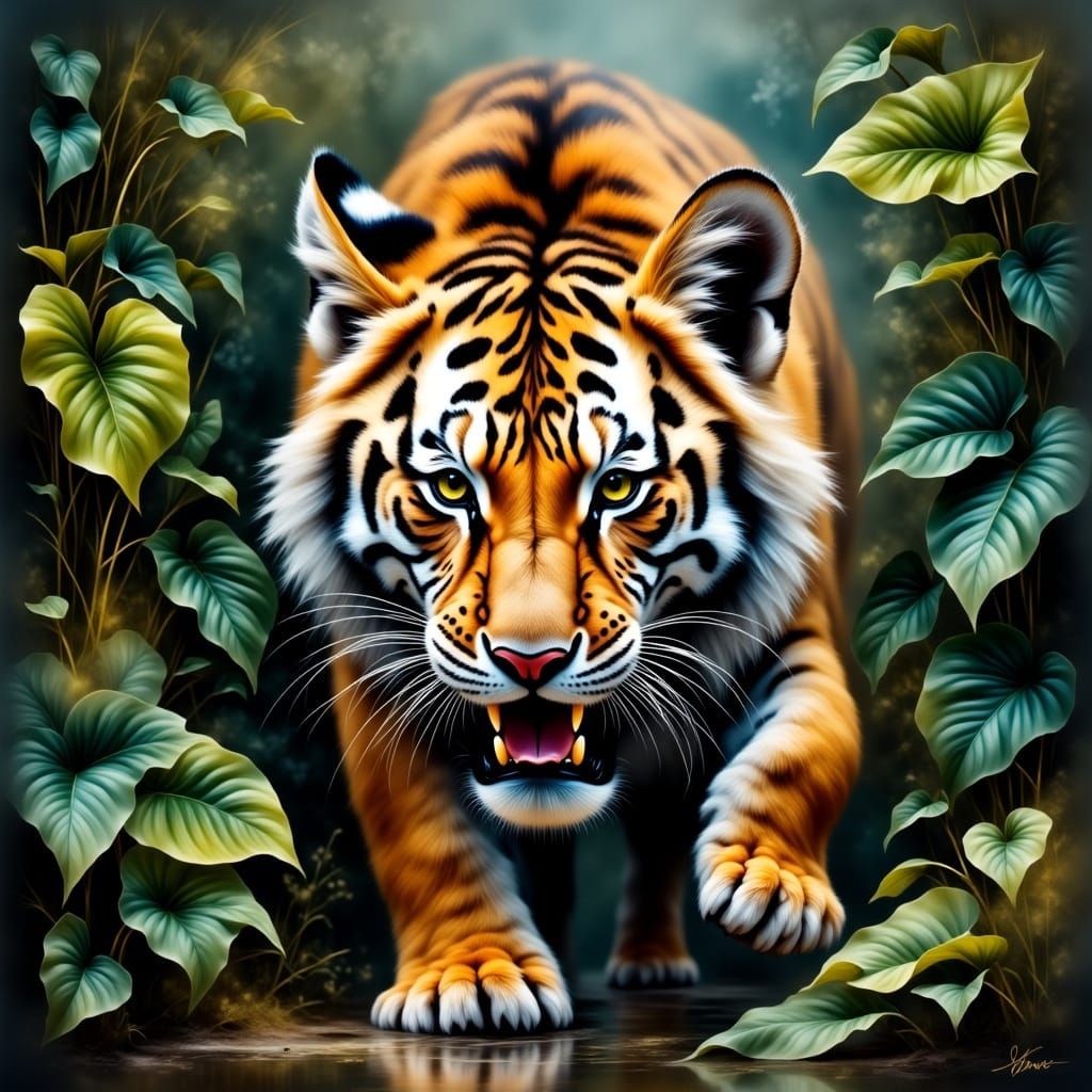 <lora:EtherealVisionsFlux:1.0> <lora:Moods of Smoke Flux:1.0>
majestic tiger mouth semi open, front facing prowling stan...