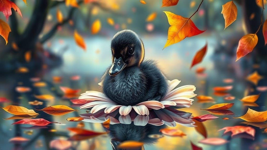 Tiny Duckling on Daisy with Falling Leaves