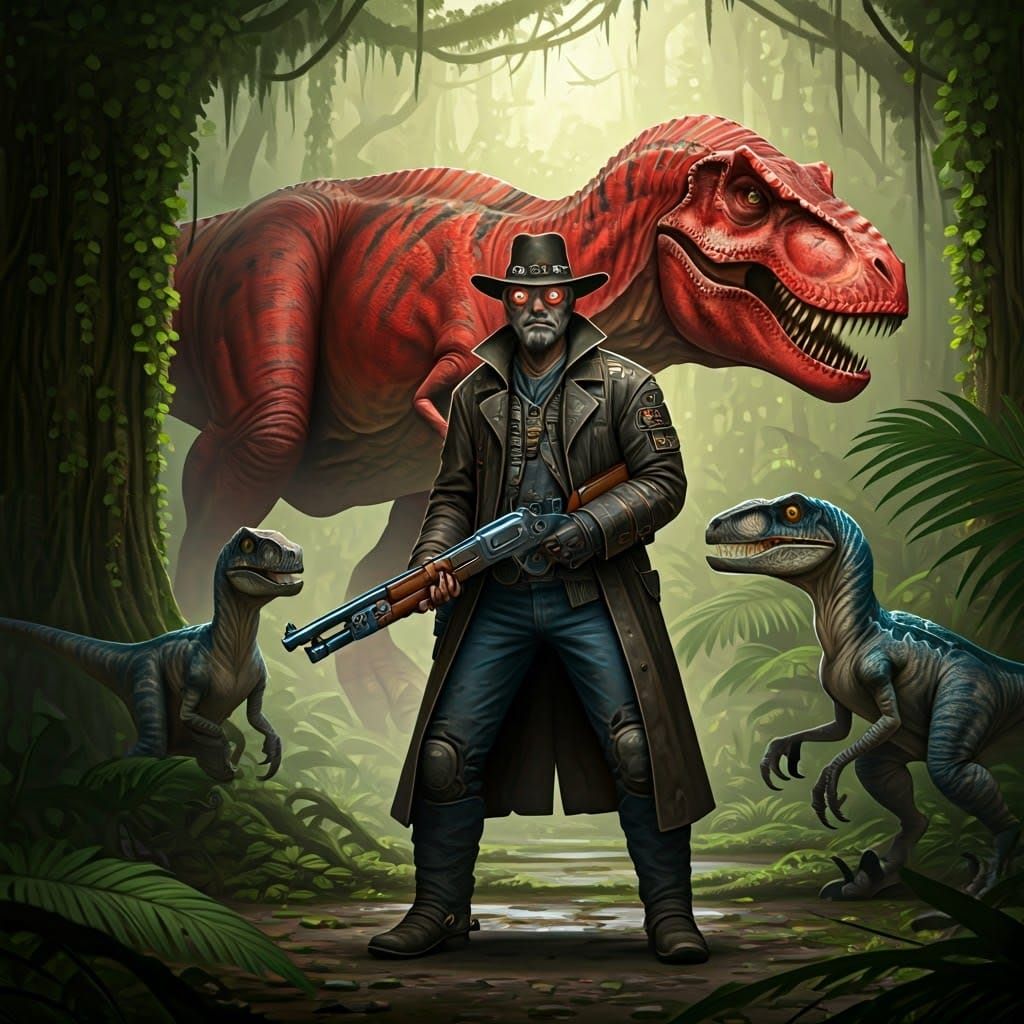 Cyberpunk Cowboy Confronts Prehistoric Beasts in Tropical La...