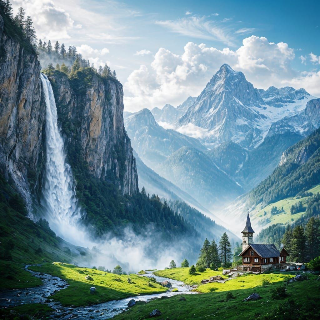 Majestic Alpine Valley with Waterfall and Snow-Capped Mounta...