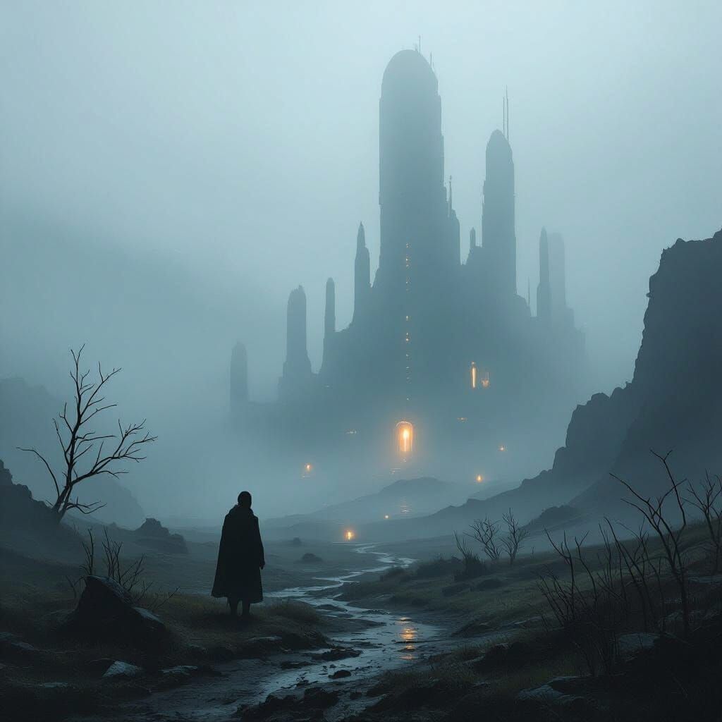 Eerie Lights in Dark Foggy Landscape