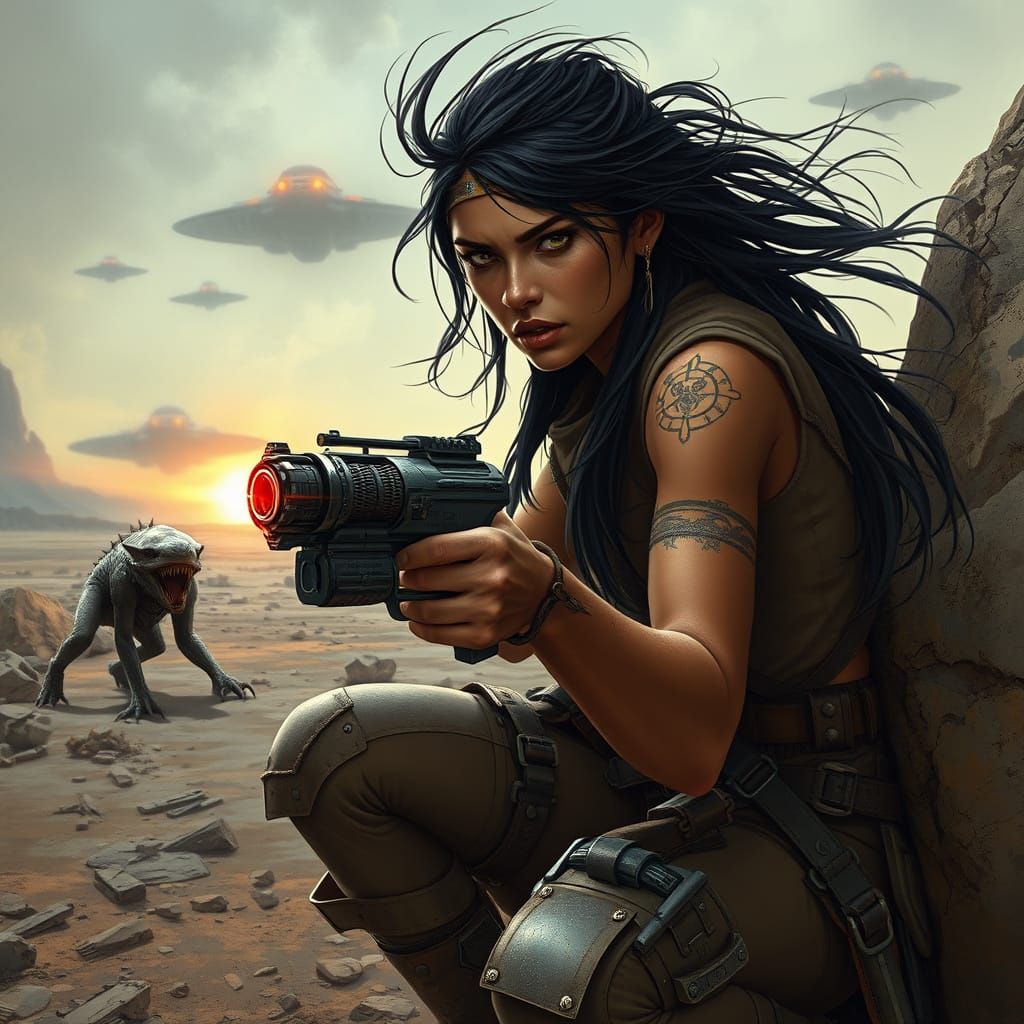 Cyberpunk Warrior Woman Takes Down Alien Beast in Last Stand