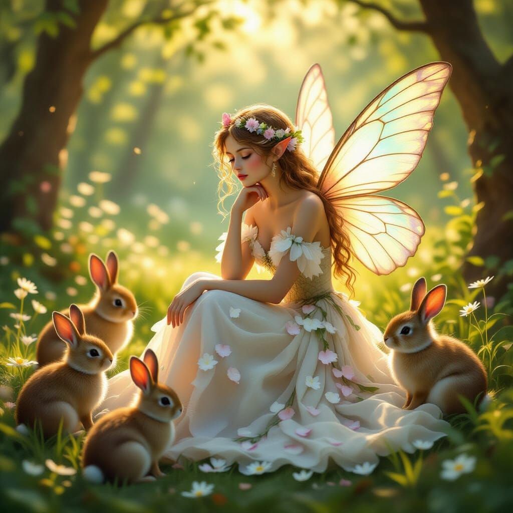 Delicate Fairy with Rabbits in Sun-Dappled Forest
