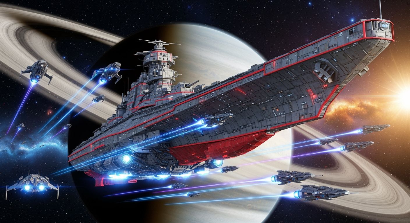 Battleship Commands Fleet in Neon-Lit Space