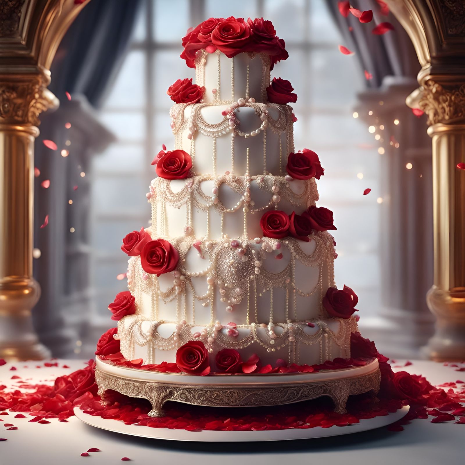 Detailled Wonderful wedding cake with Red rose petals and pearls