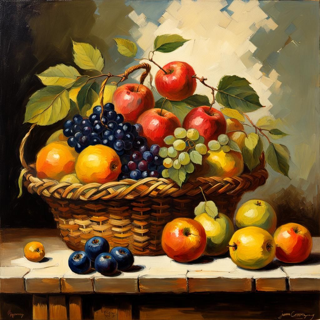 Fruit Basket Still Life in Oil Painting Style