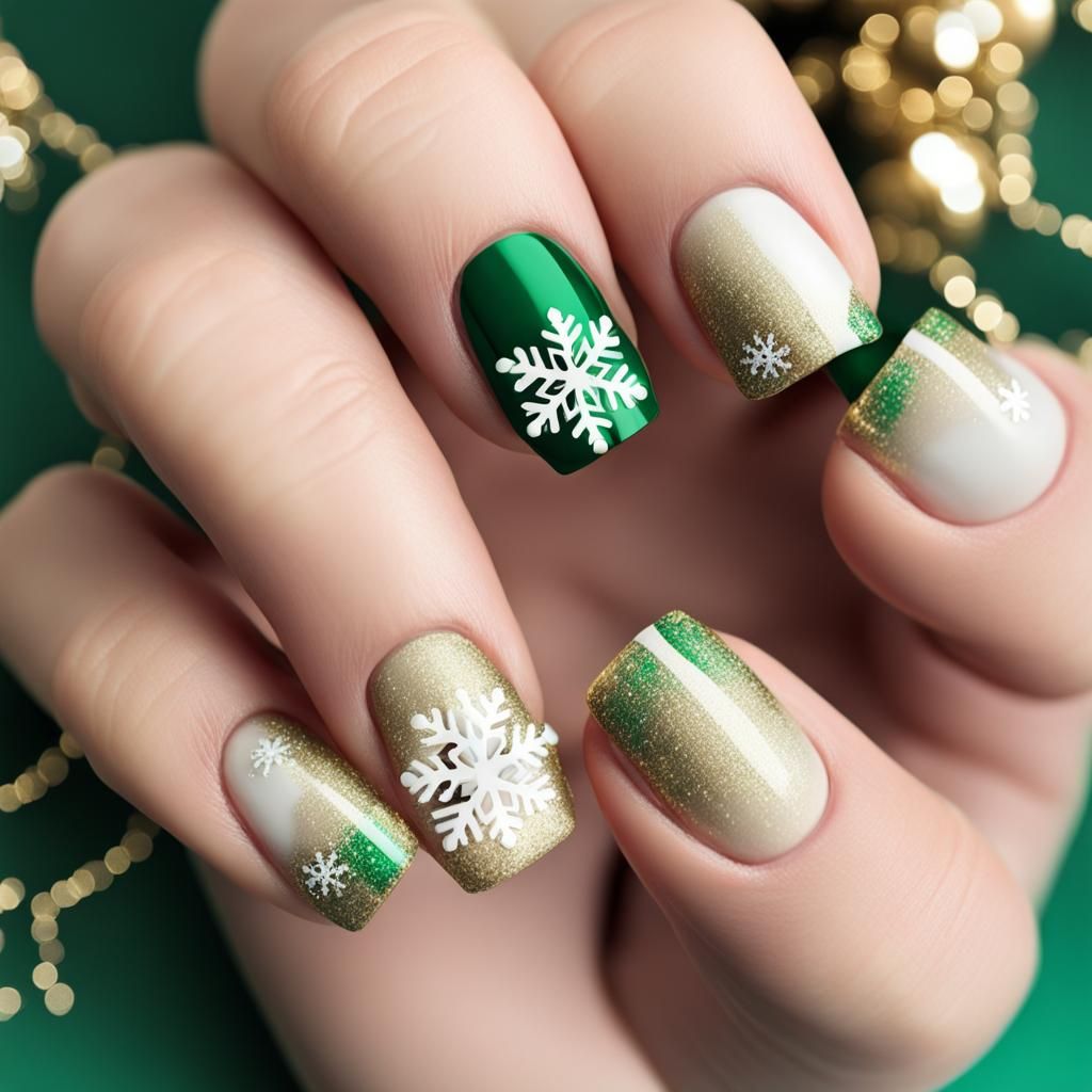 Christmas Nail Design with Gold Sparkle and Snowflakes