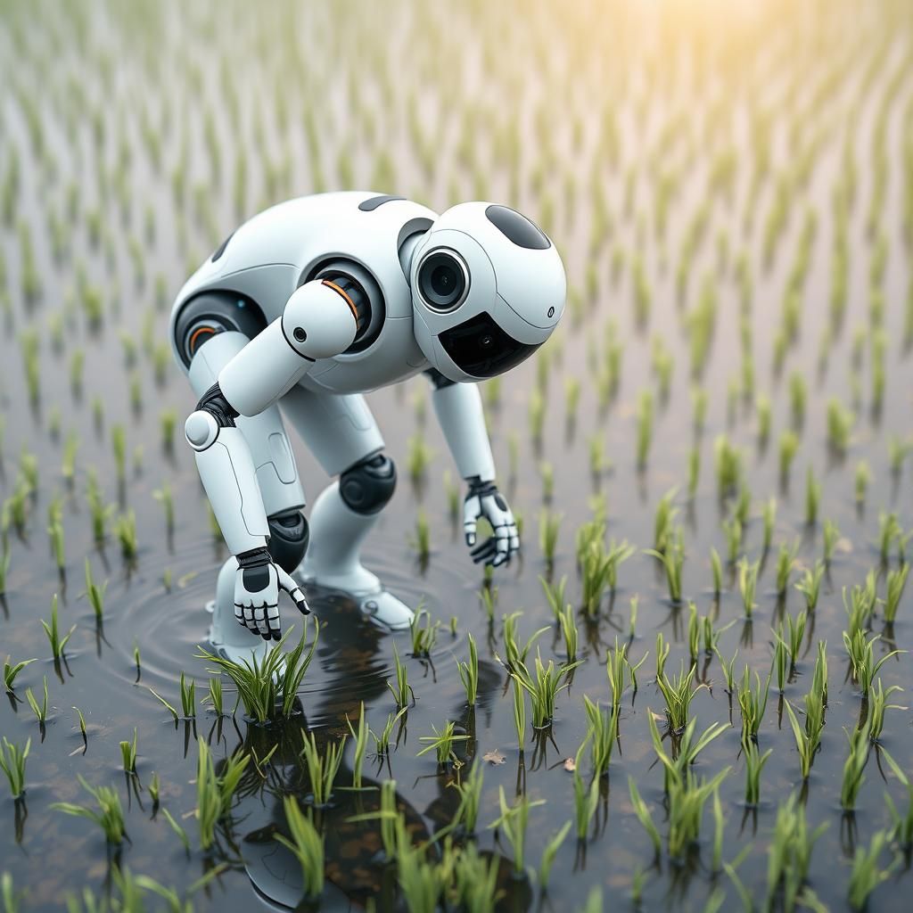 Modern White Robot Farming in Rice Paddy