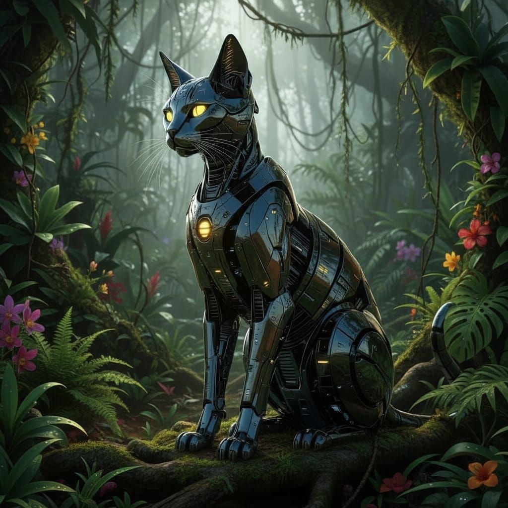 Biomechanical Cat Statue Over Crystalline Desert