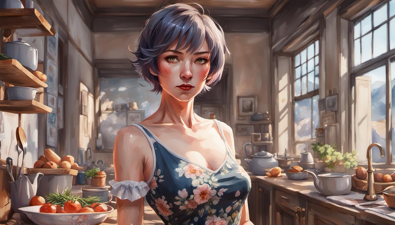 Lovely Usbek Lady in Kitchen, Gouache Watercolor Anime Art