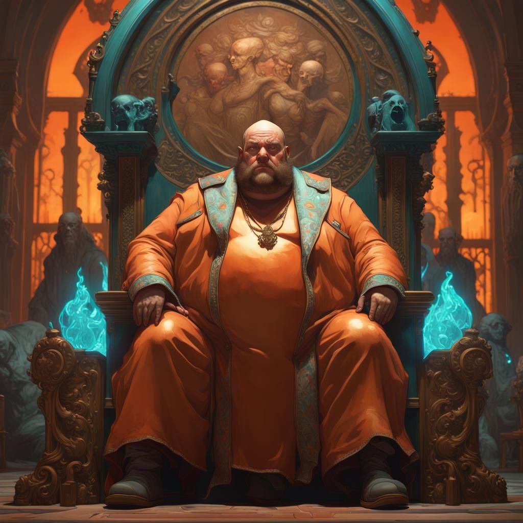 Obese Man on Skull Throne in Hyperdetailed Style