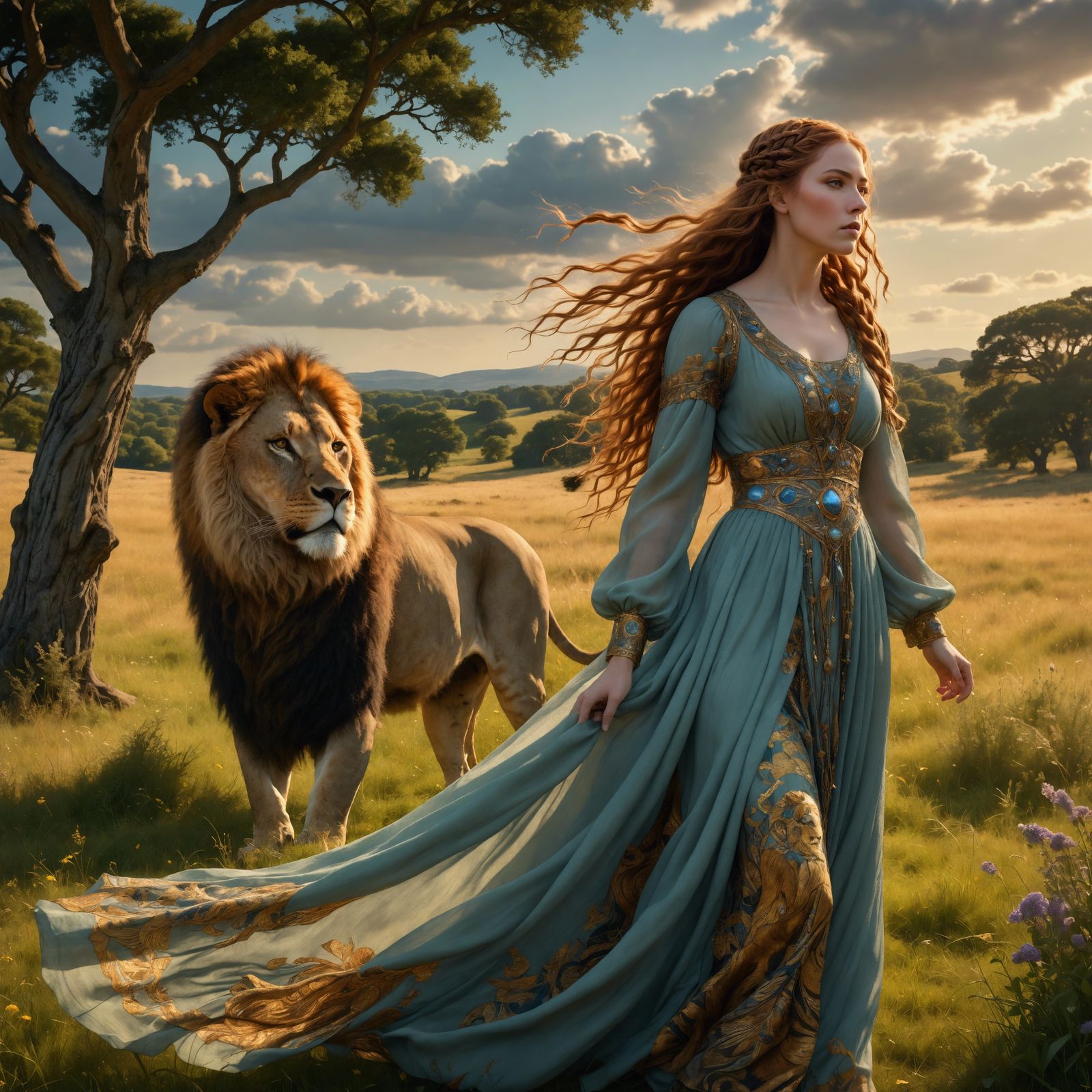 Goddess and Lion in a Pre-Raphaelite Style Meadow