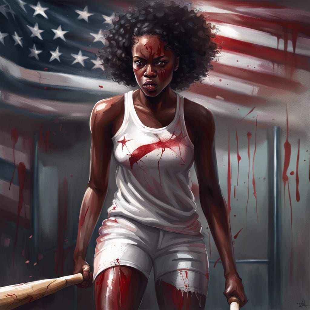 Dominant Black Woman with Bloody Bat in Sports Hall