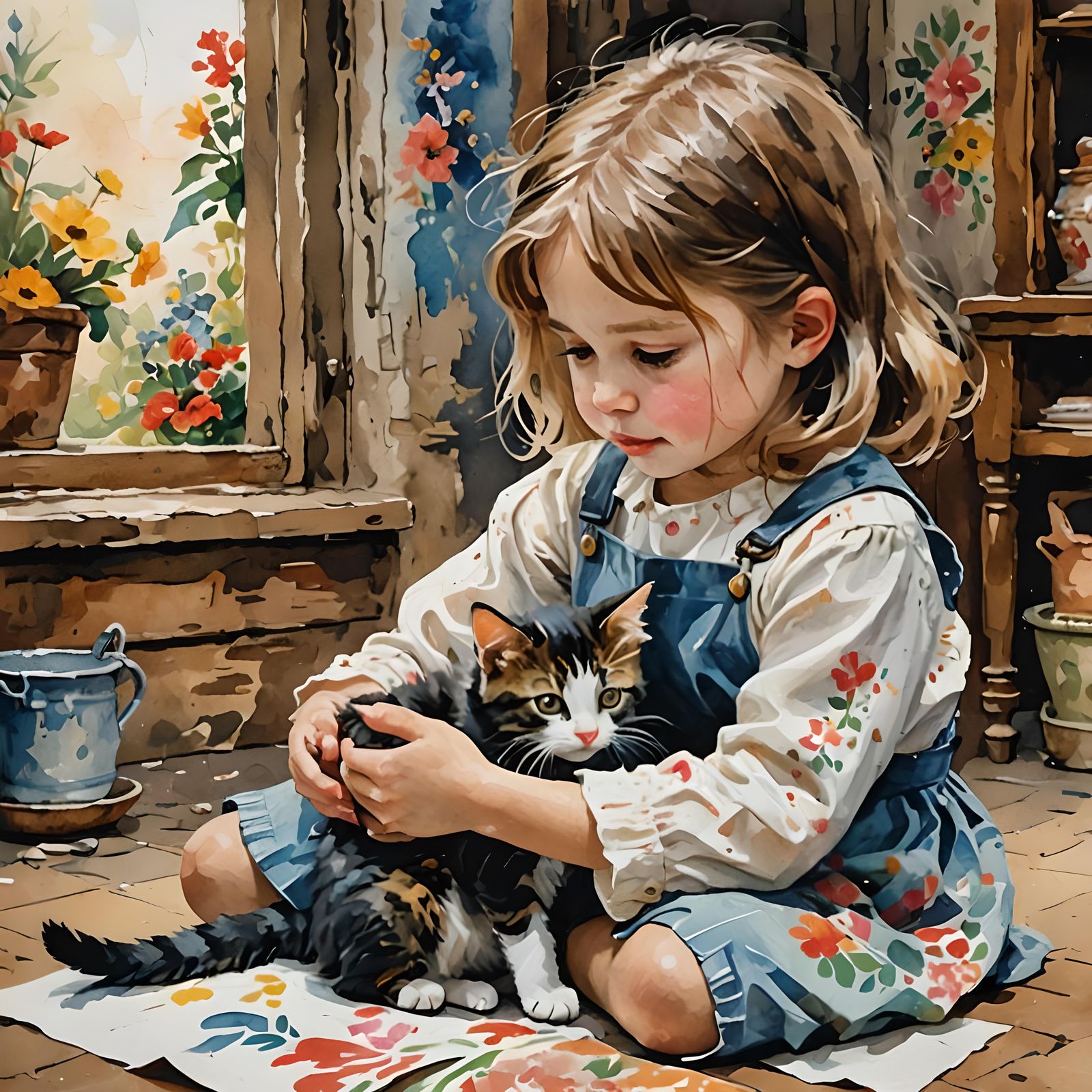 Girl and Kitten in Gouache Impressionist Style