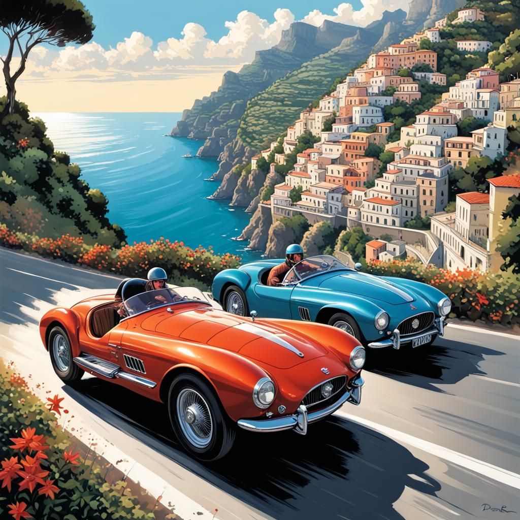 Vintage Cars Race on Amalfi Coast in Comic Book Style