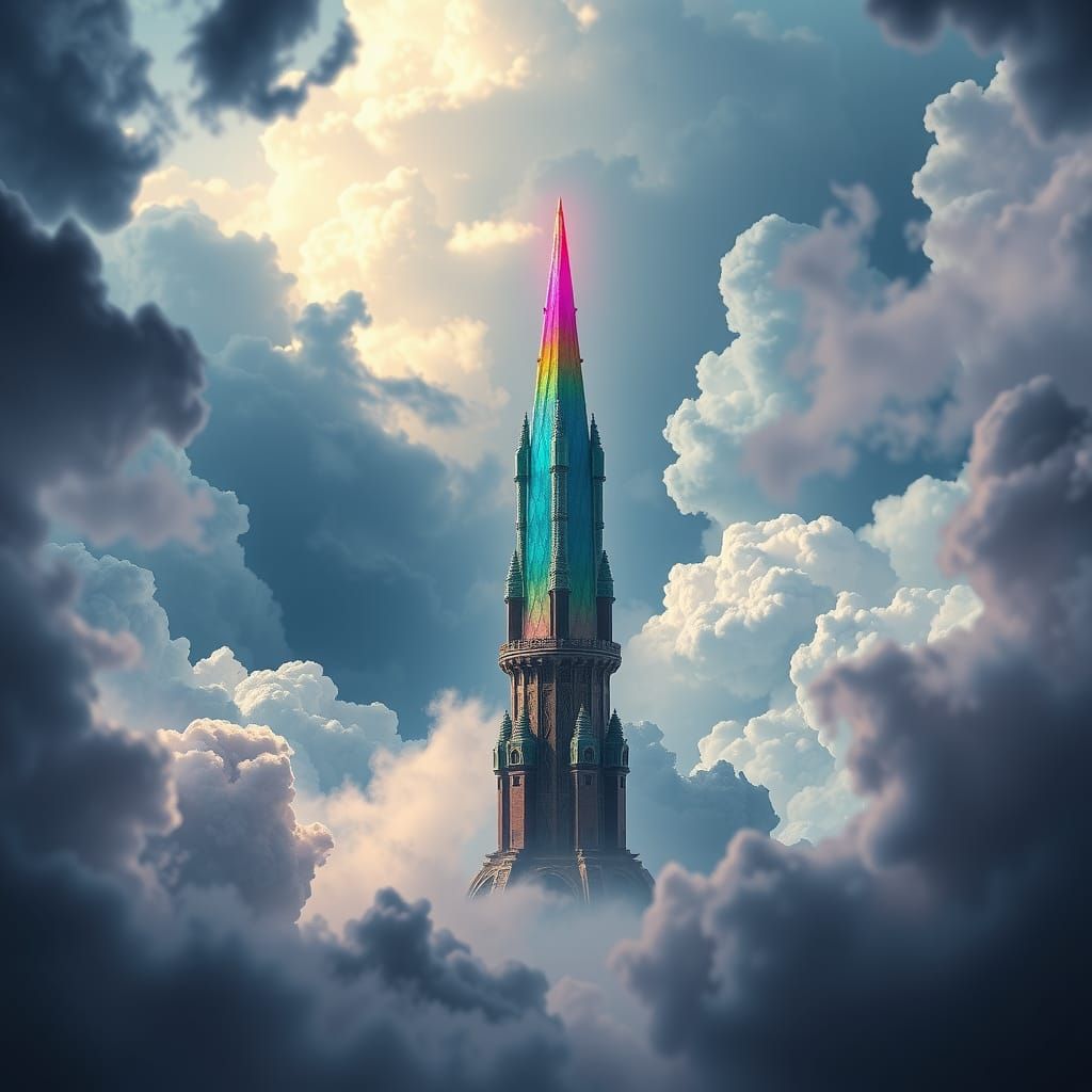 Rainbow Tower in Fantasy Landscape, Digital Art