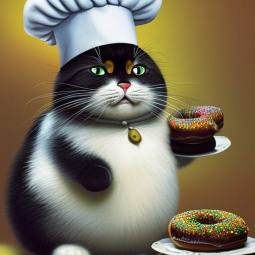 Cute Cat Chef with Donuts, Detailed Matte Drawing