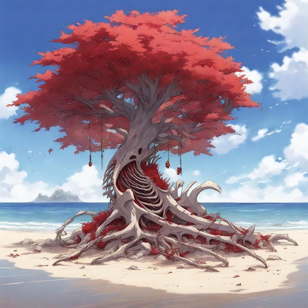 Red Tree Growing From Dragon Bones: Anime Style