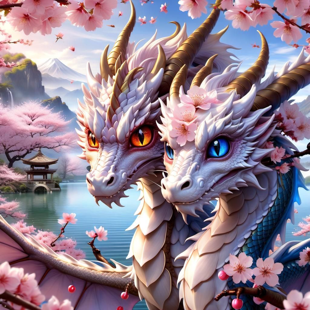 Anime Dragons at Cherry Blossom Lake