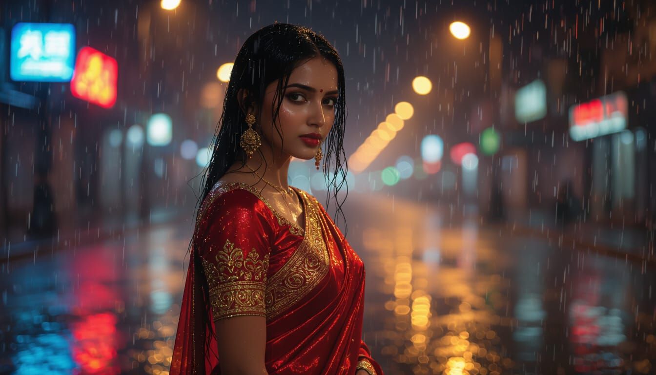 Woman in Red Saree in Rain, Hyperrealistic 3D Render