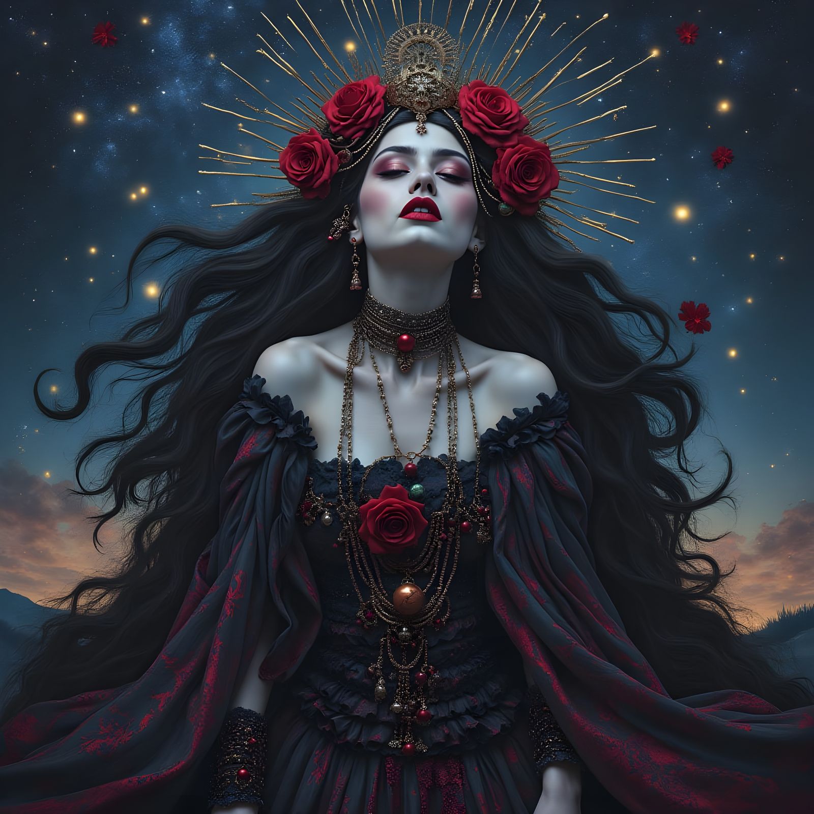 Gothic Christmas Queen in Cosmic Holographic Illustration