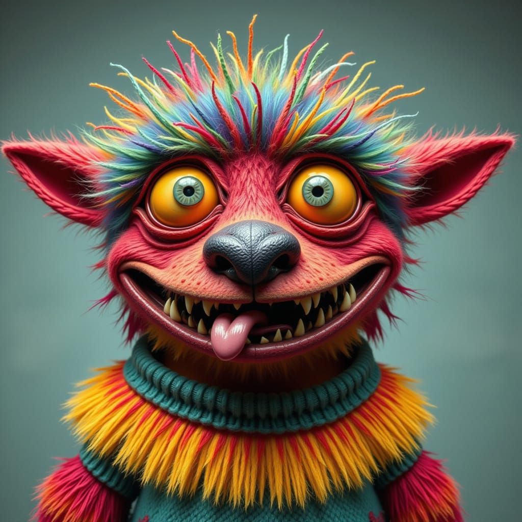 Yarn monster knitting a sweater, pop surrealism <lora:Monstericals:1.0>