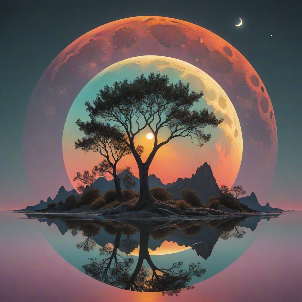 Surreal Nightscape with Geometric Moon and Ethereal Sun