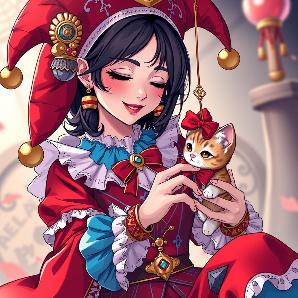 Whimsical Anime Jester Plays with Kitten in Vibrant Crimson....