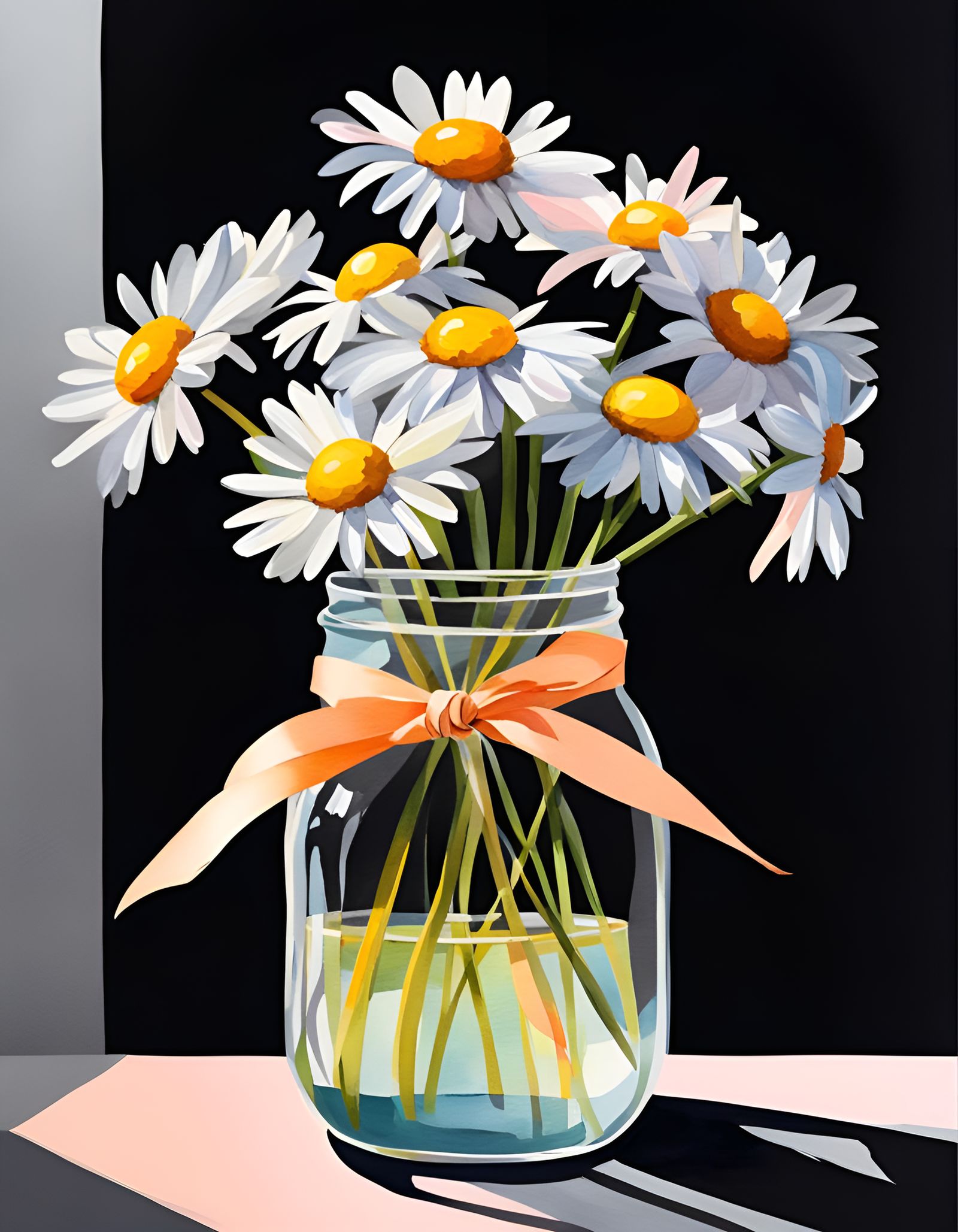 Watercolor Daisies in Egg Jar on Black Background