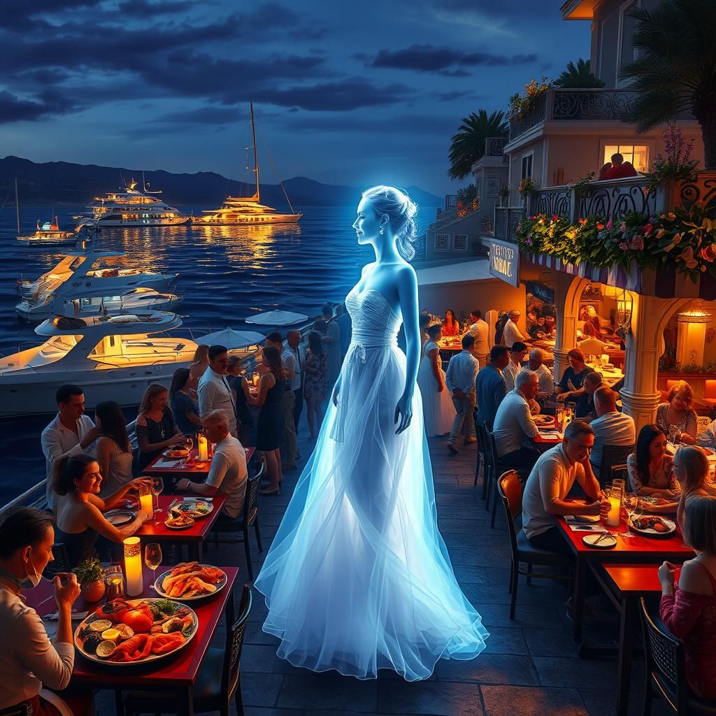 Ethereal Translucent Woman Radiates Neon Glow in Coastal Tow...