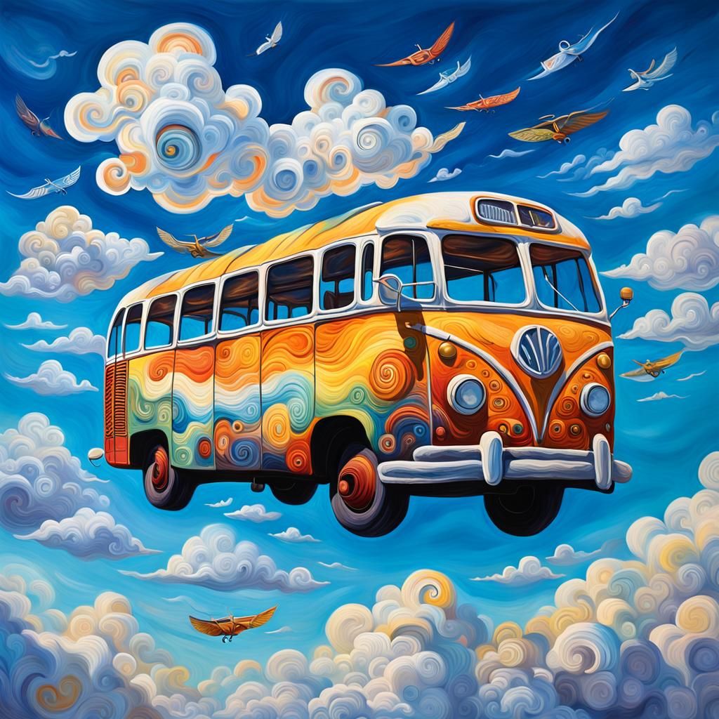 Colorful Flying Bus in Surrealist Mural Style
