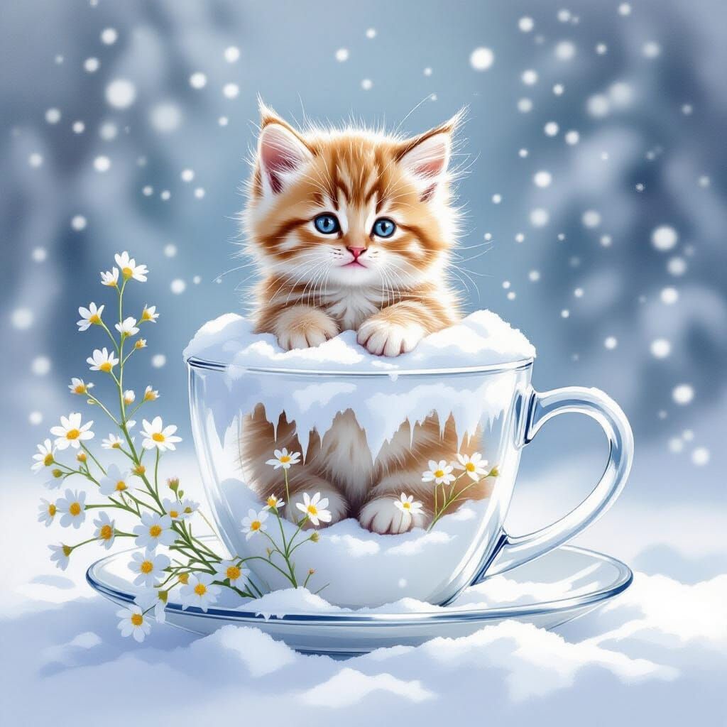 Kitten in Snow Cup with Wildflowers, Whimsical Watercolor