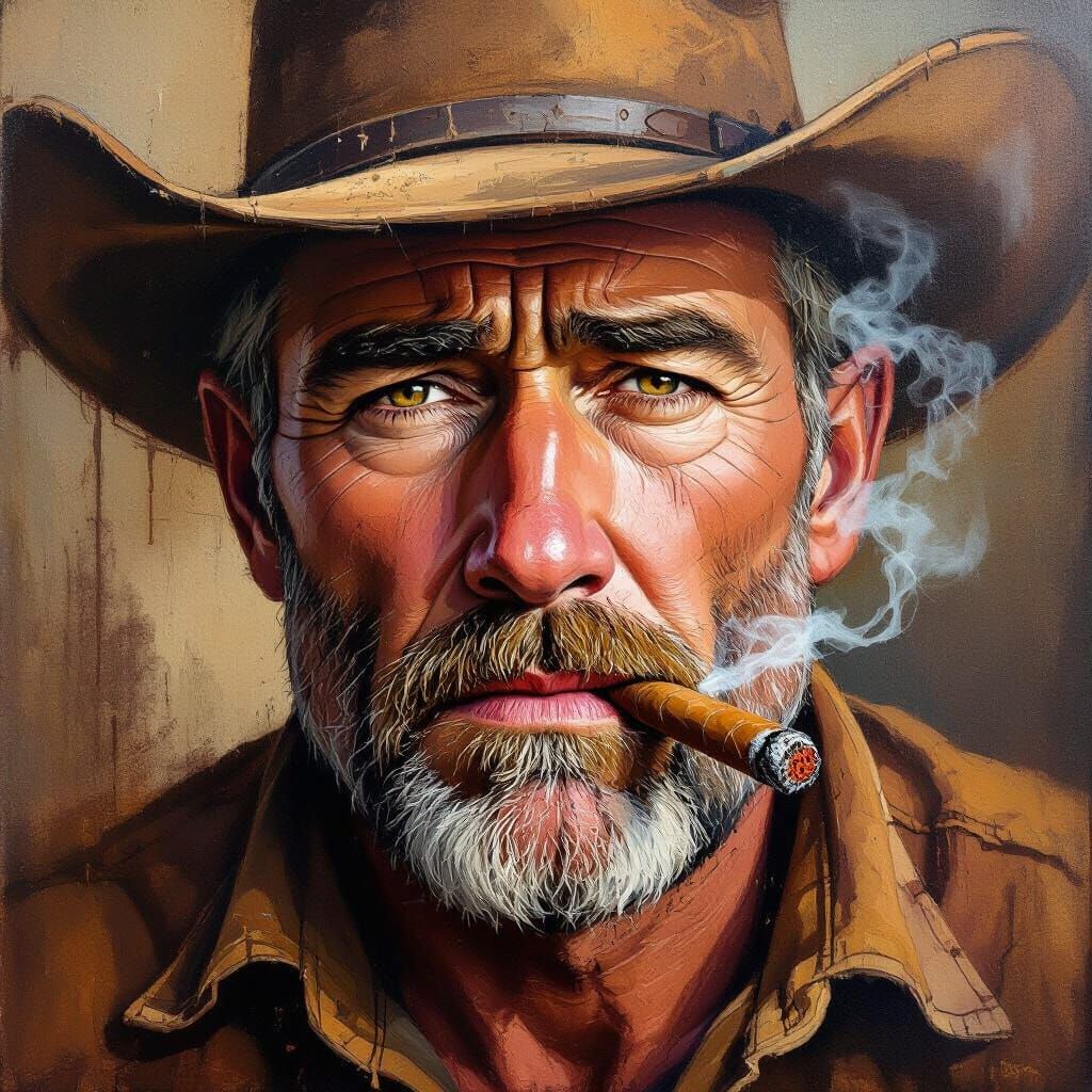 Abstract Oil Painting: Middle Aged Man with Cigar