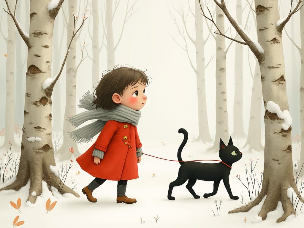 Serene Snowy Birch Forest Scene in Watercolor Style