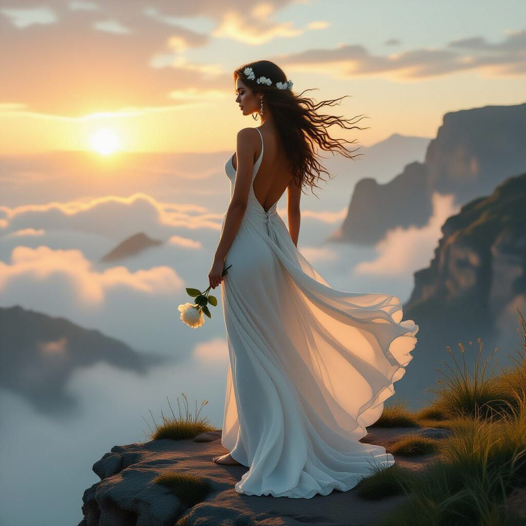 Ethereal Divine Feminine Figure at Cliff's Edge