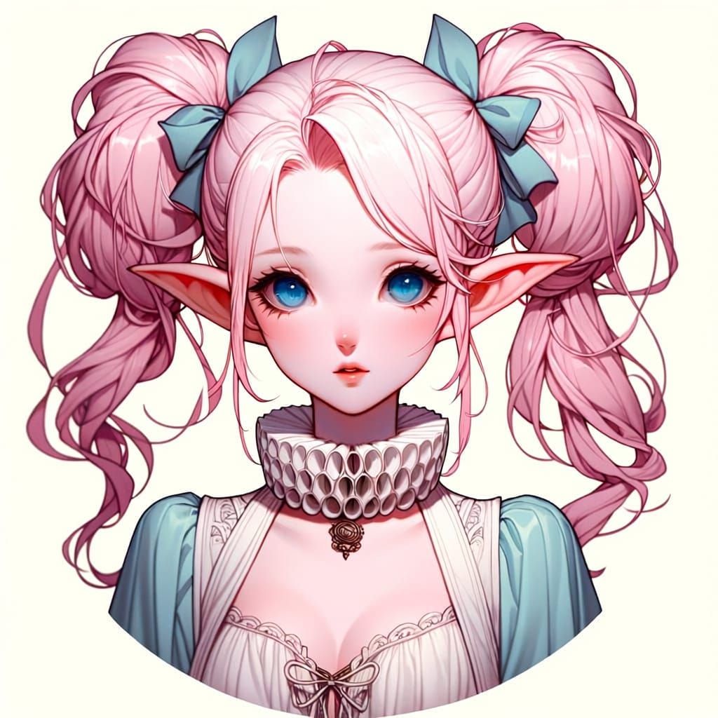 Elven Female Character with Pink Hair in Eastern Illustratio...