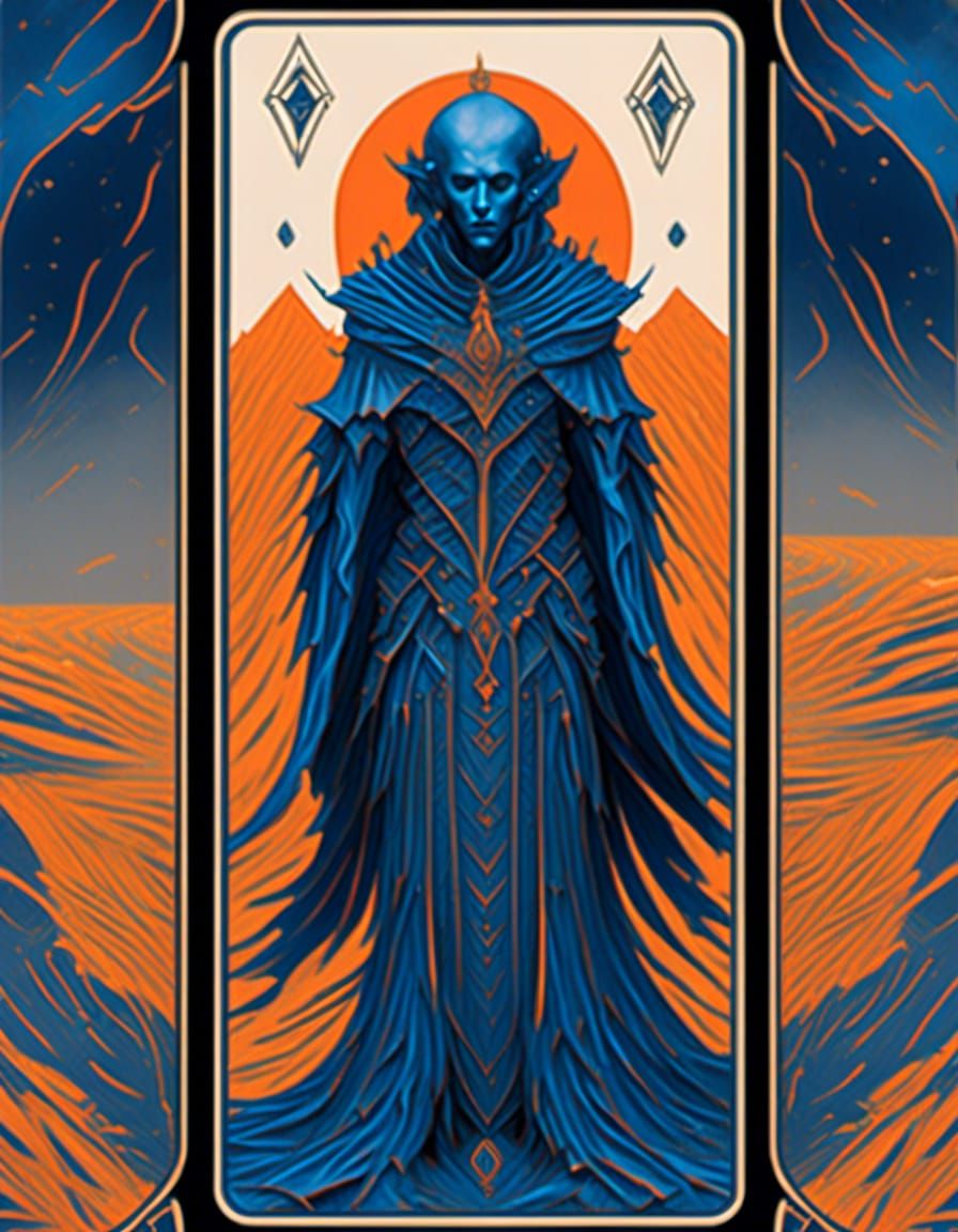 <lora:Surreal2:1.0> Dune fremen single tarot cards hyperrealism hyperdetailed blue and orange