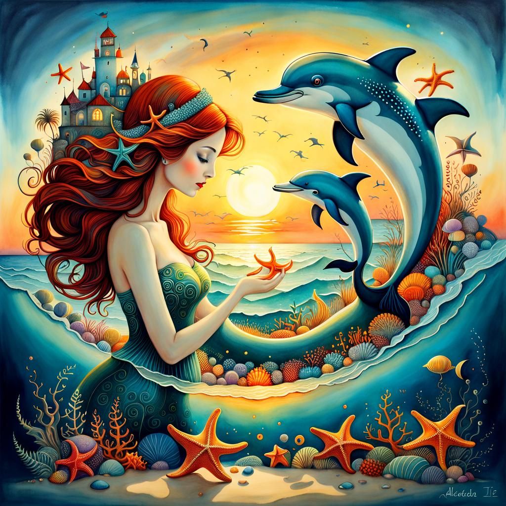 Surreal Seaside Dream: Dolphin, Starfish, Seahorse