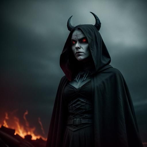 Devil Woman with Twisted Horns and Fiery Gaze
