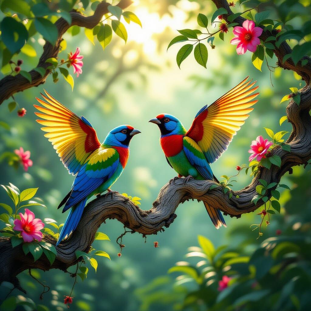 Exotic Birds in Lush Forest, Hyper-Realistic Detail