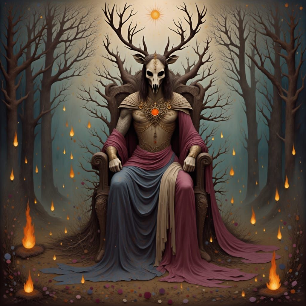 Regal King on Crystal Root Throne in Dark Fantasy Style