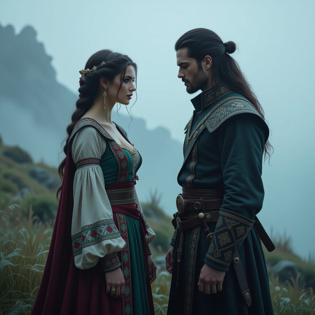 Mystical Encounter in a Misty Landscape