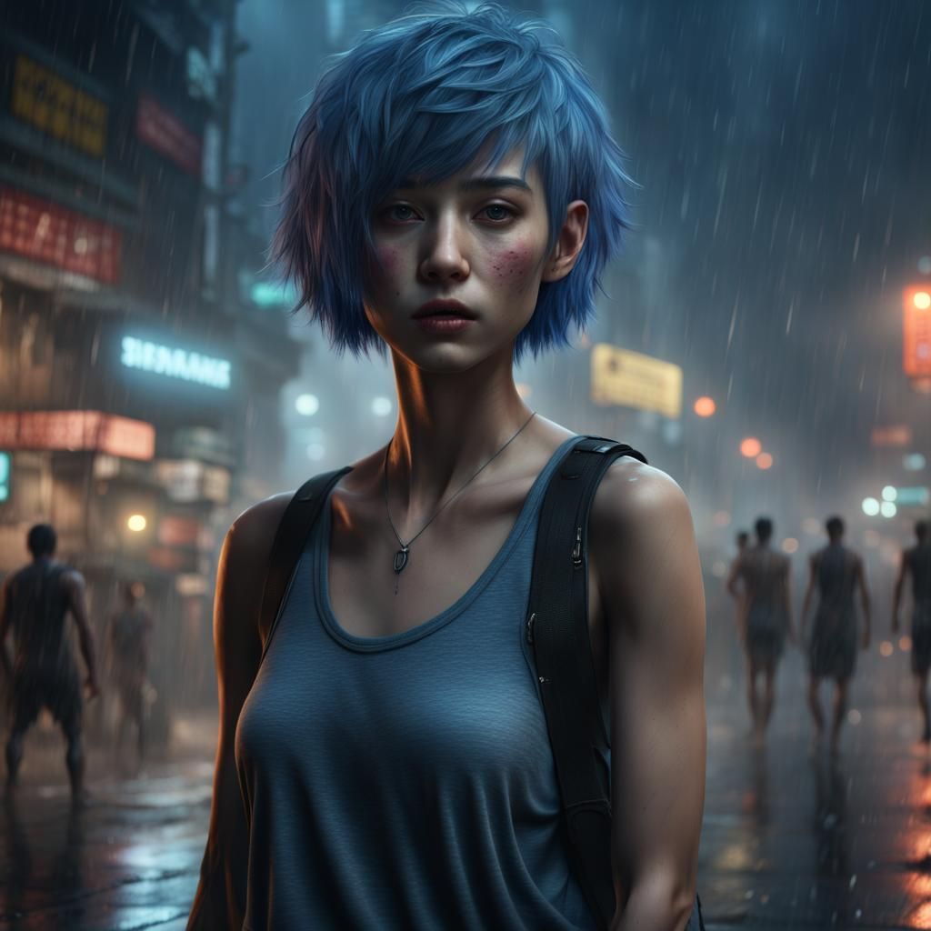 Blue-Haired Girl in Rainy Kowloon Street