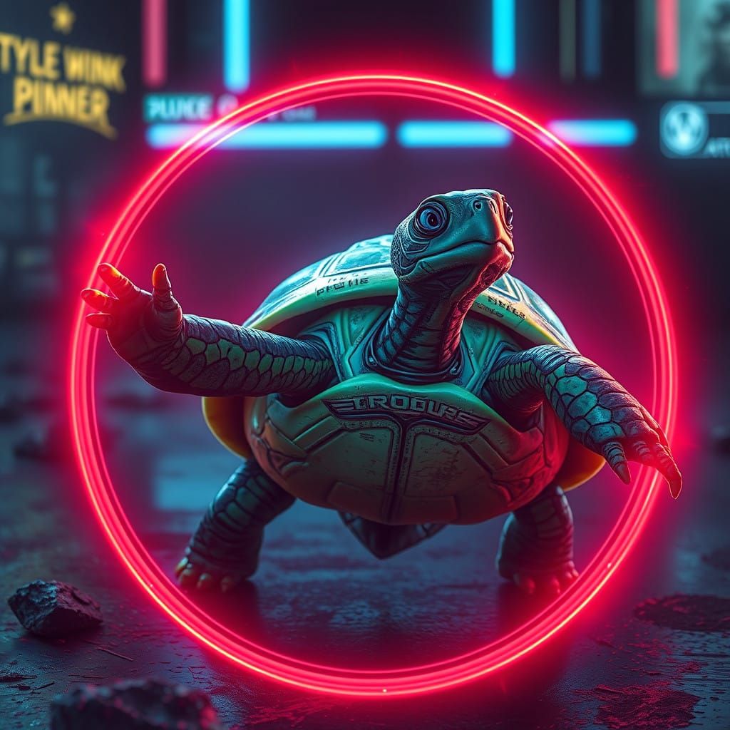 Cyberpunk Turtle with Neon Forcefield Shields