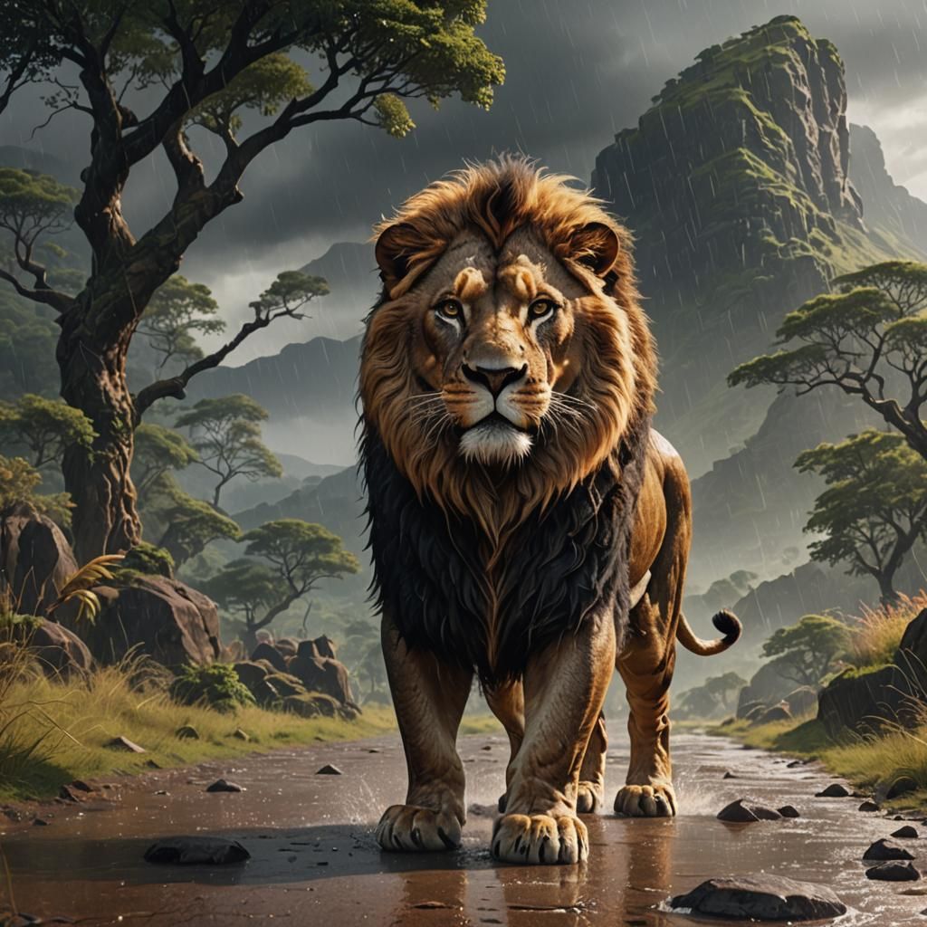 Indian Lion Roaming After Rain, Fantasy Art