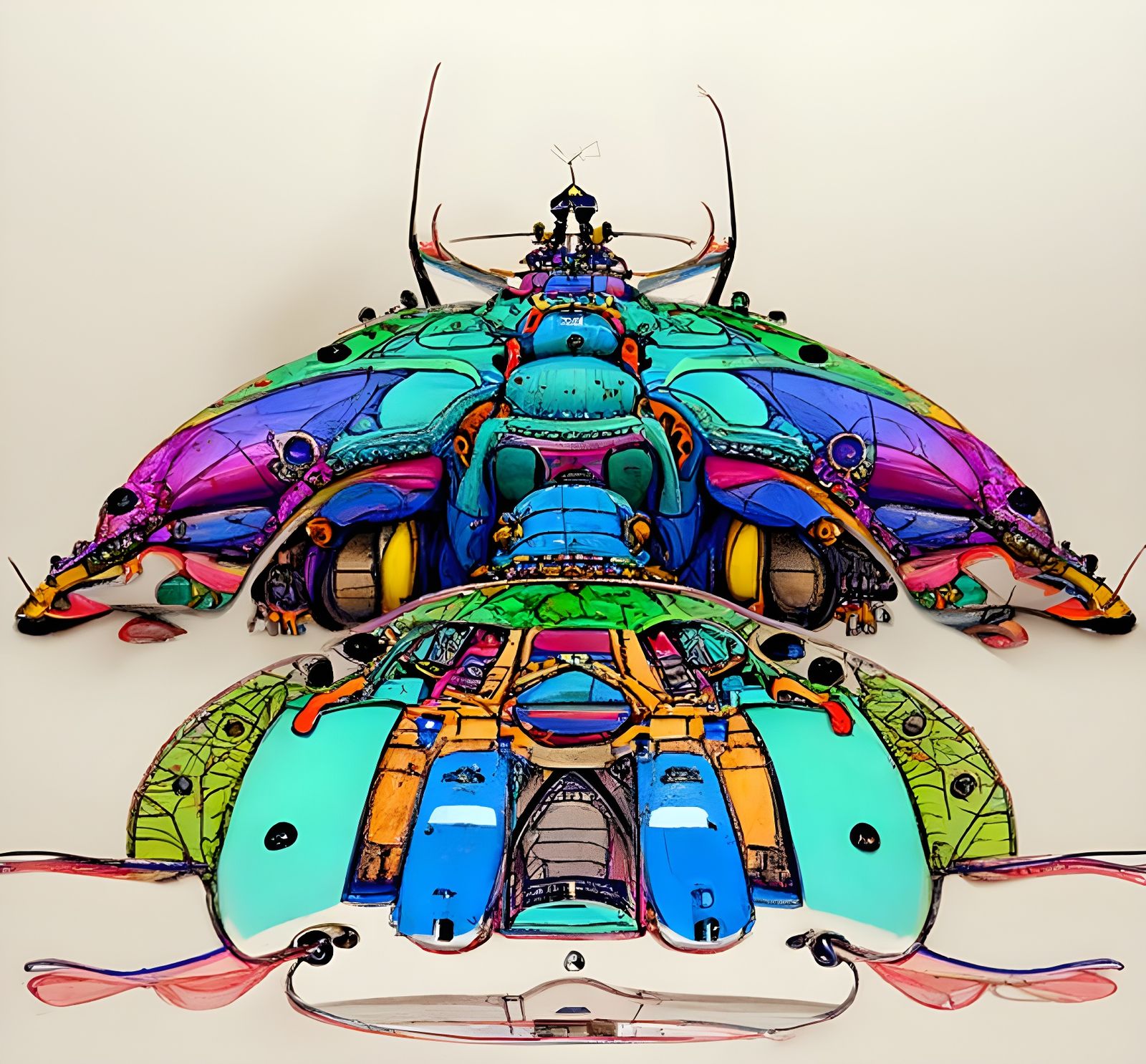 Colorful Beetle Spaceship in Surreal Landscape