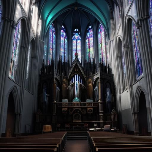 Gothic Church Interior with Gigantic Pipe Organ in Synthwave...