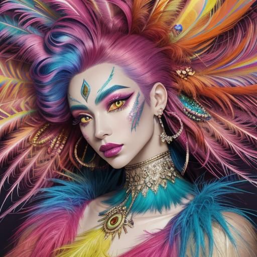 Fauvist Woman Portrait with Peacock Feather Hair