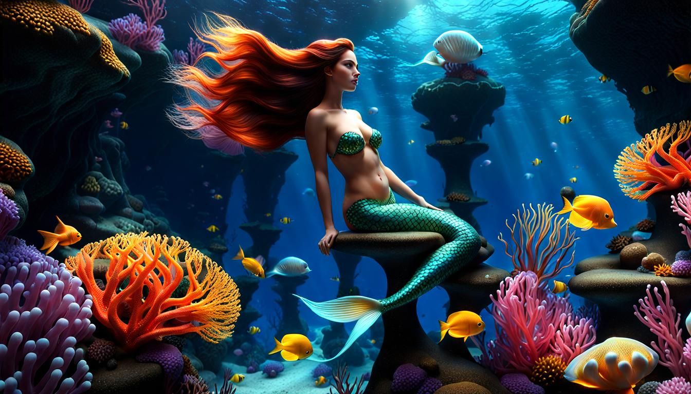 Beautiful Mermaid in Coral Cave: Hyperrealistic Digital Art